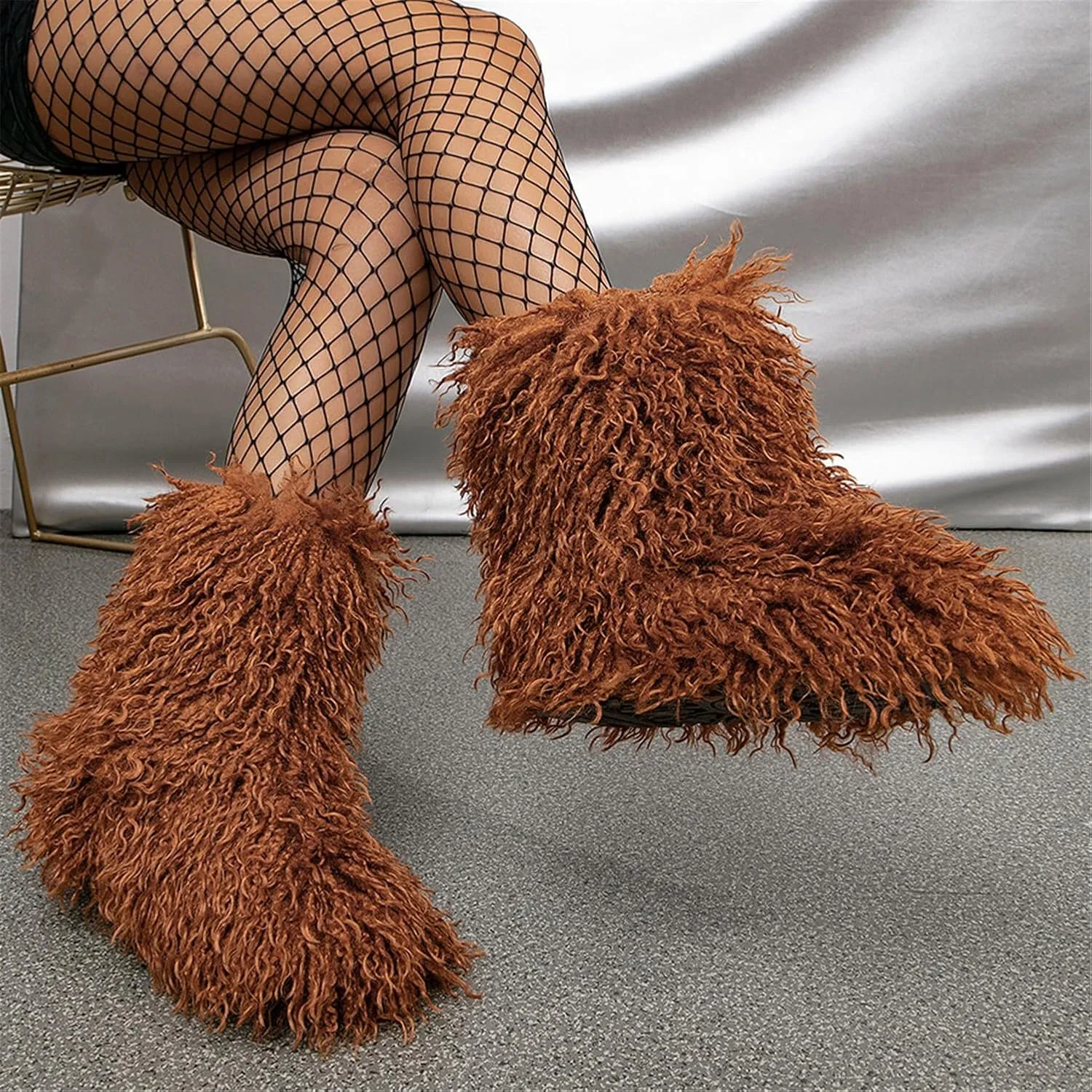 YESBOR Women's Curly Faux Fur Snow Boots Fluffy Fuzzy Furry Winter Outdoor Flat Booties