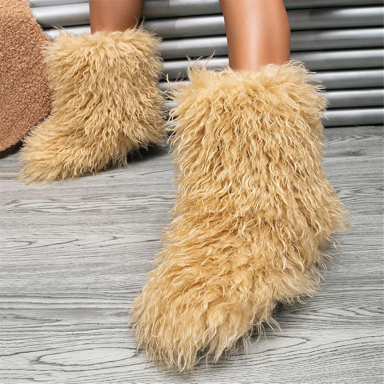 YESBOR Women's Curly Faux Fur Snow Boots Fluffy Fuzzy Furry Winter Outdoor Flat Booties