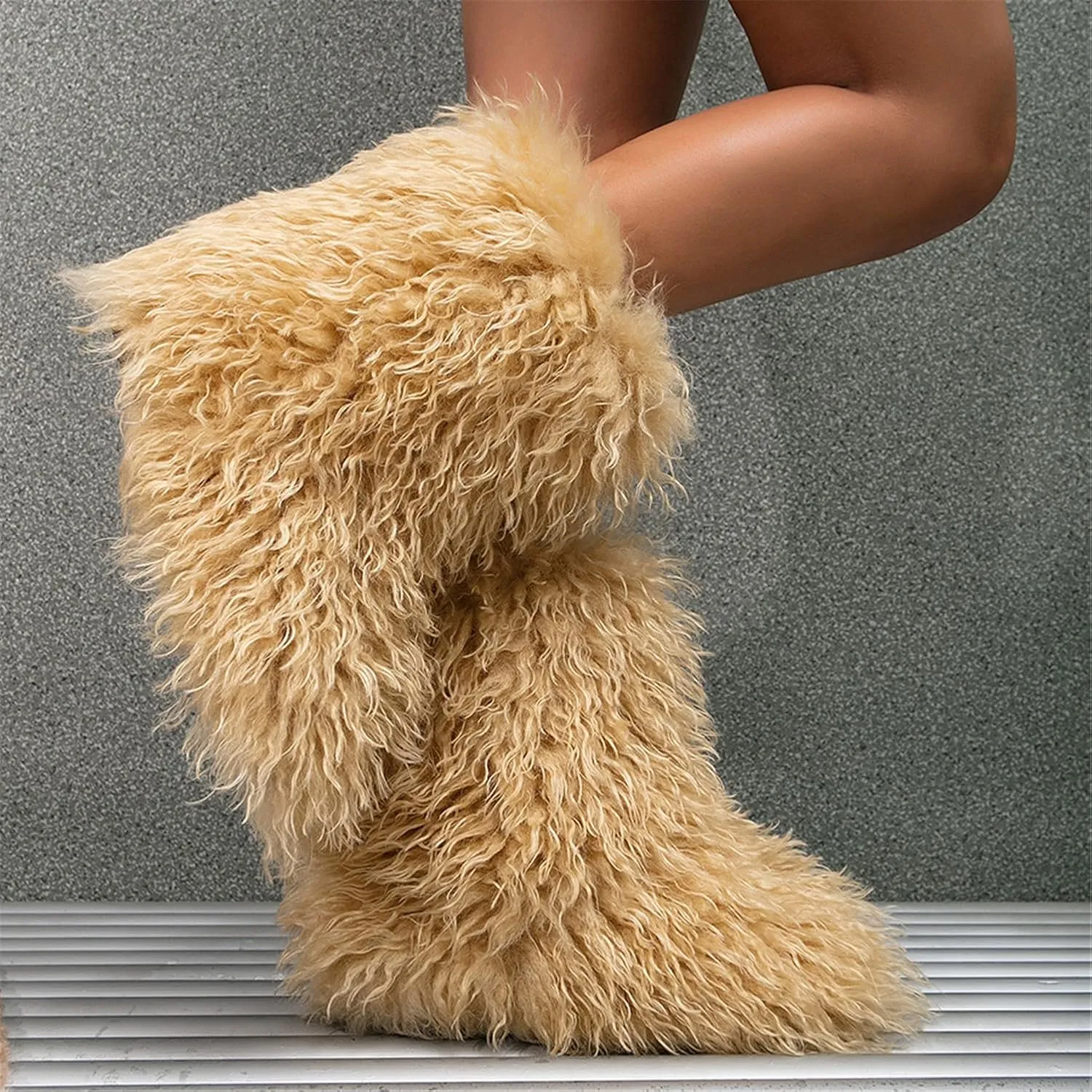 YESBOR Women's Curly Faux Fur Snow Boots Fluffy Fuzzy Furry Winter Outdoor Flat Booties