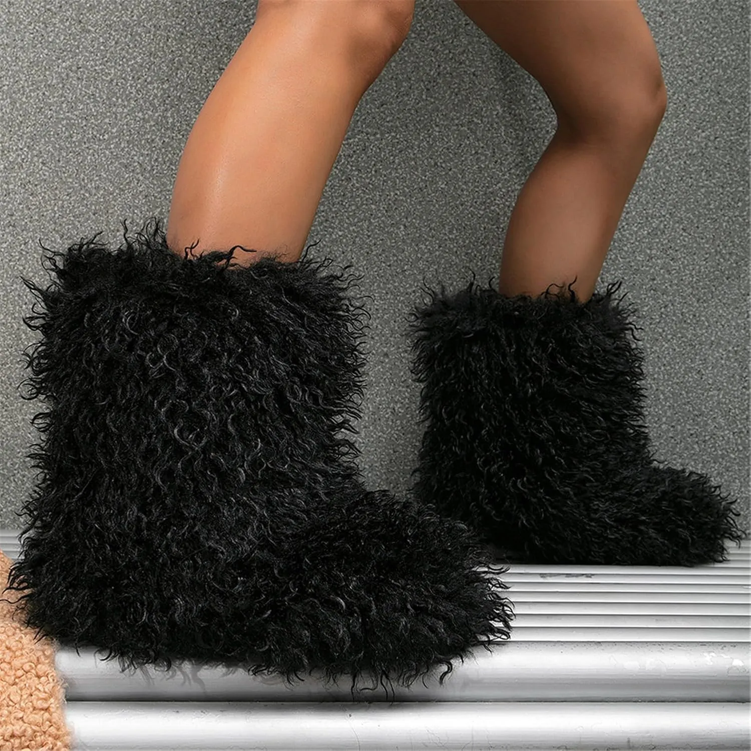 YESBOR Women's Curly Faux Fur Snow Boots Fluffy Fuzzy Furry Winter Outdoor Flat Booties