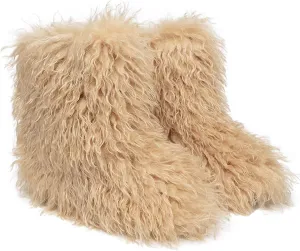 YESBOR Women's Curly Faux Fur Snow Boots Fluffy Fuzzy Furry Winter Outdoor Flat Booties
