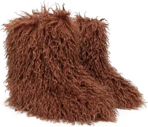 YESBOR Women's Curly Faux Fur Snow Boots Fluffy Fuzzy Furry Winter Outdoor Flat Booties