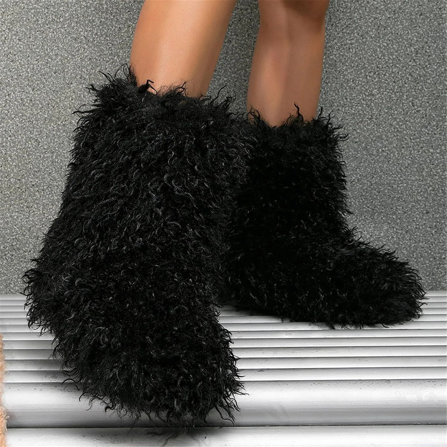 YESBOR Women's Curly Faux Fur Snow Boots Fluffy Fuzzy Furry Winter Outdoor Flat Booties