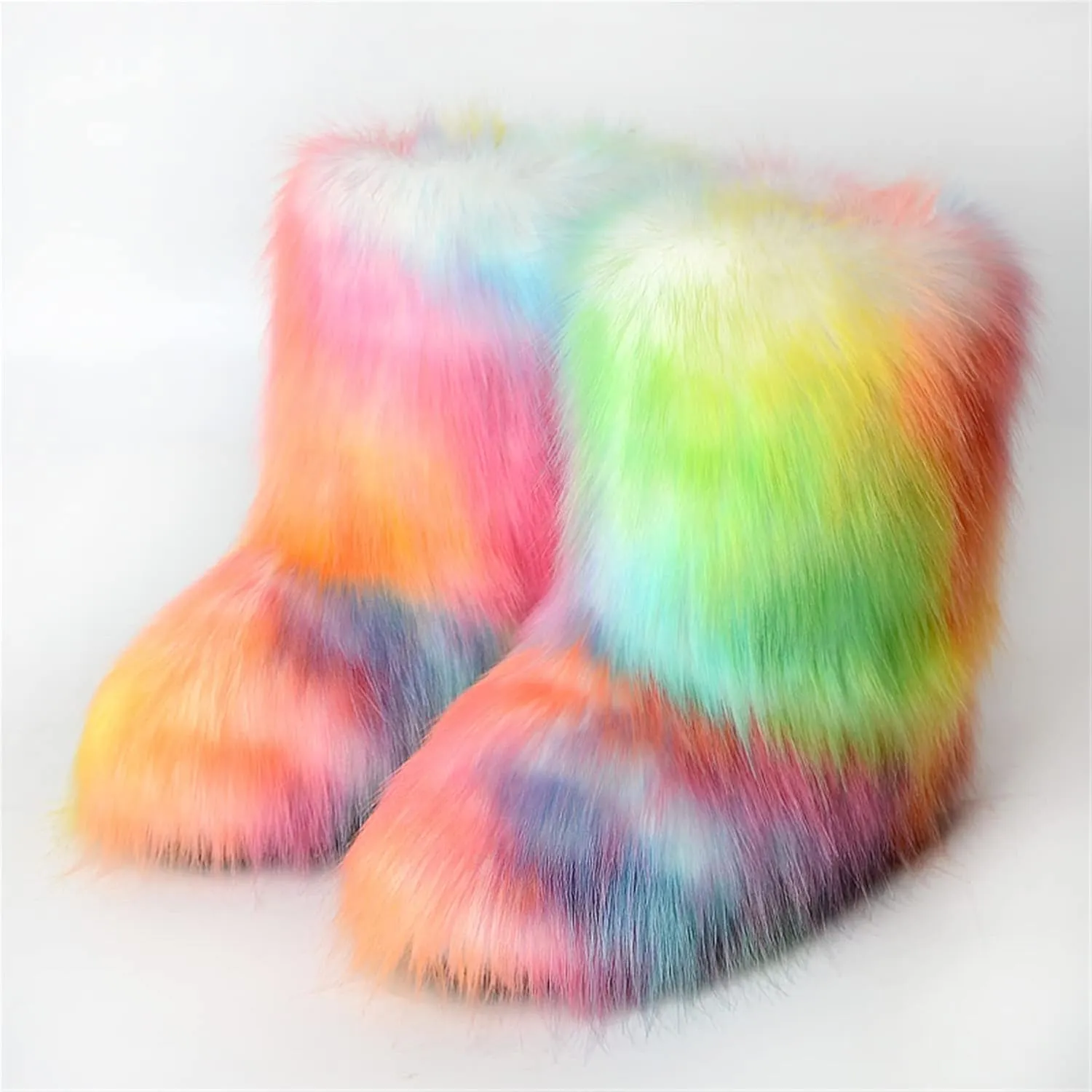YESBOR Women's Faux Fur Boots Fluffy Mid-Calf Fuzzy Winter Snow Boots Outdoor Flat Shoes