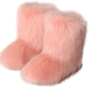 YESBOR Women's Faux Fur Boots Fluffy Mid-Calf Fuzzy Winter Snow Boots Outdoor Flat Shoes