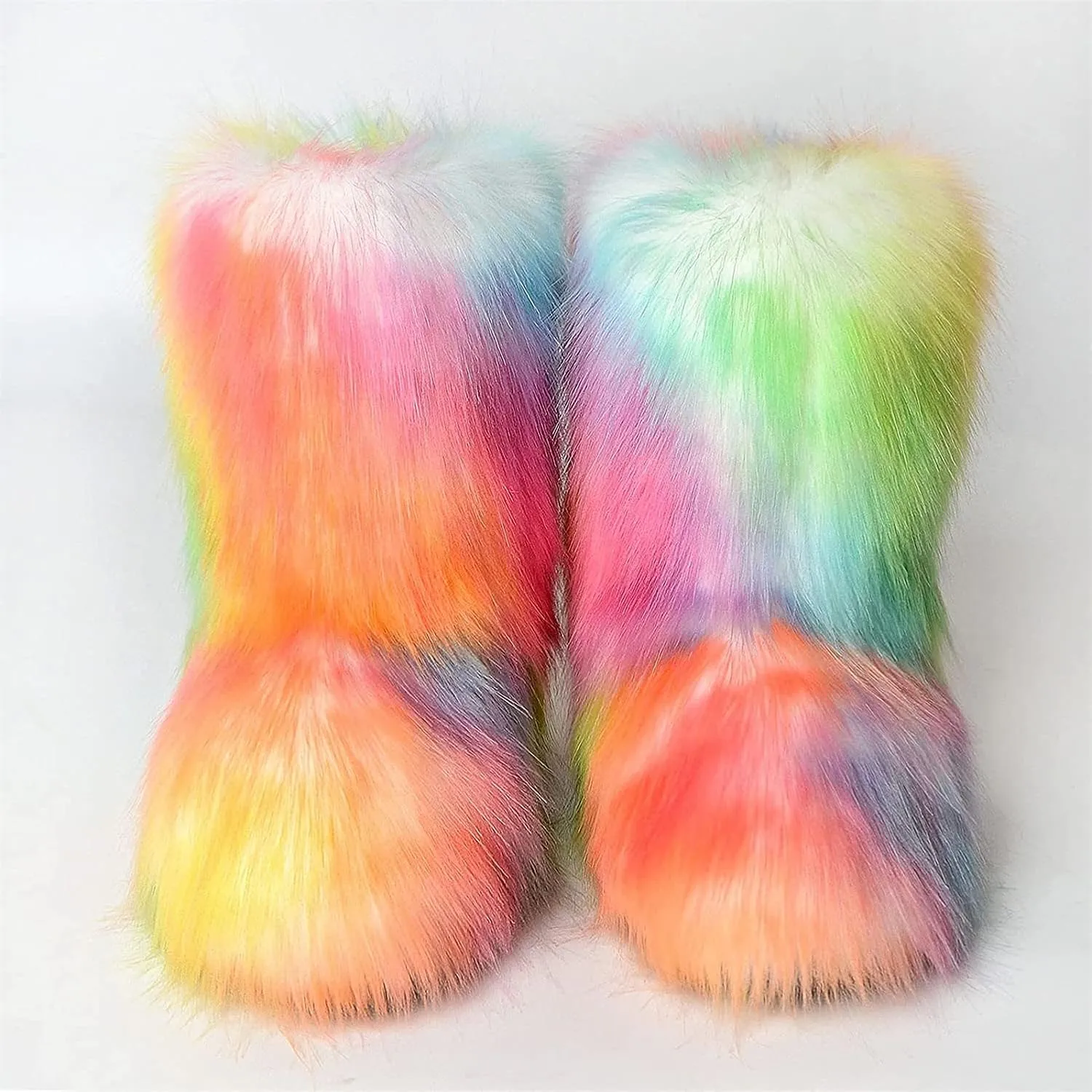 YESBOR Women's Faux Fur Boots Fluffy Mid-Calf Fuzzy Winter Snow Boots Outdoor Flat Shoes