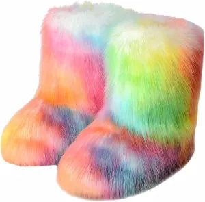 YESBOR Women's Faux Fur Boots Fluffy Mid-Calf Fuzzy Winter Snow Boots Outdoor Flat Shoes
