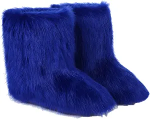 YESBOR Women's Winter Faux Fur Boots Round Toe Warm Fuzzy Fluffy Furry Snow Boots Flat Shoes