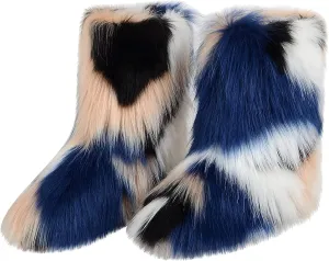 YESBOR Women's Winter Faux Fur Boots Round Toe Warm Fuzzy Fluffy Furry Snow Boots Flat Shoes
