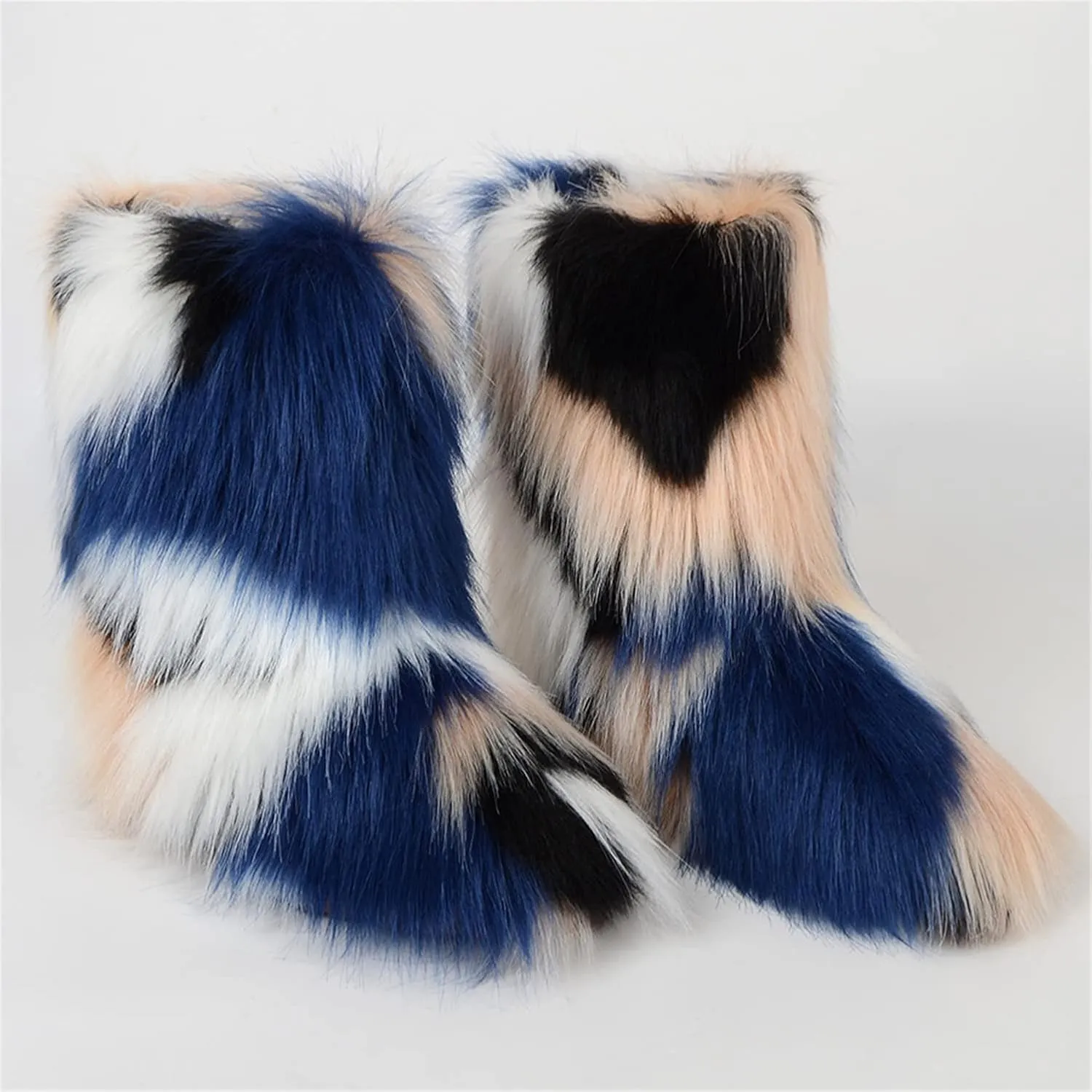 YESBOR Women's Winter Faux Fur Boots Round Toe Warm Fuzzy Fluffy Furry Snow Boots Flat Shoes