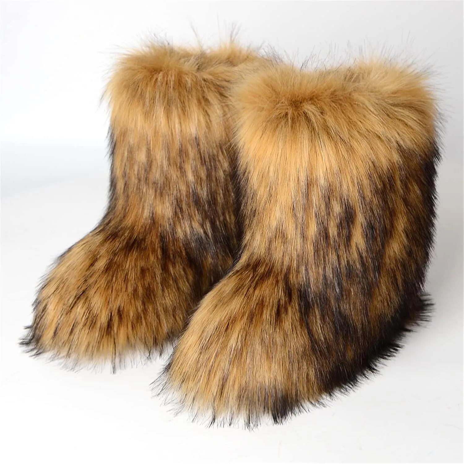 YESBOR Women's Winter Faux Fur Boots Round Toe Warm Fuzzy Fluffy Furry Snow Boots Flat Shoes