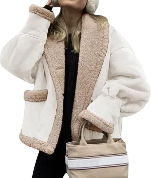 yoeasy Women Winter Sherpa Lined Faux Suede Leather Jacket Button Down Fuzzy Fleece Shearling Coat Overcoat