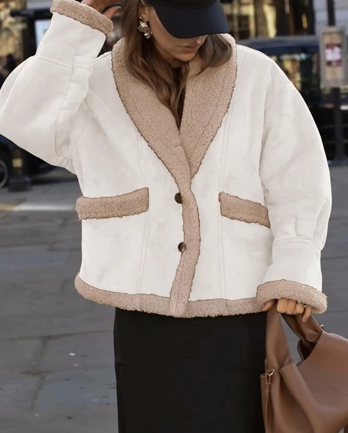 yoeasy Women Winter Sherpa Lined Faux Suede Leather Jacket Button Down Fuzzy Fleece Shearling Coat Overcoat