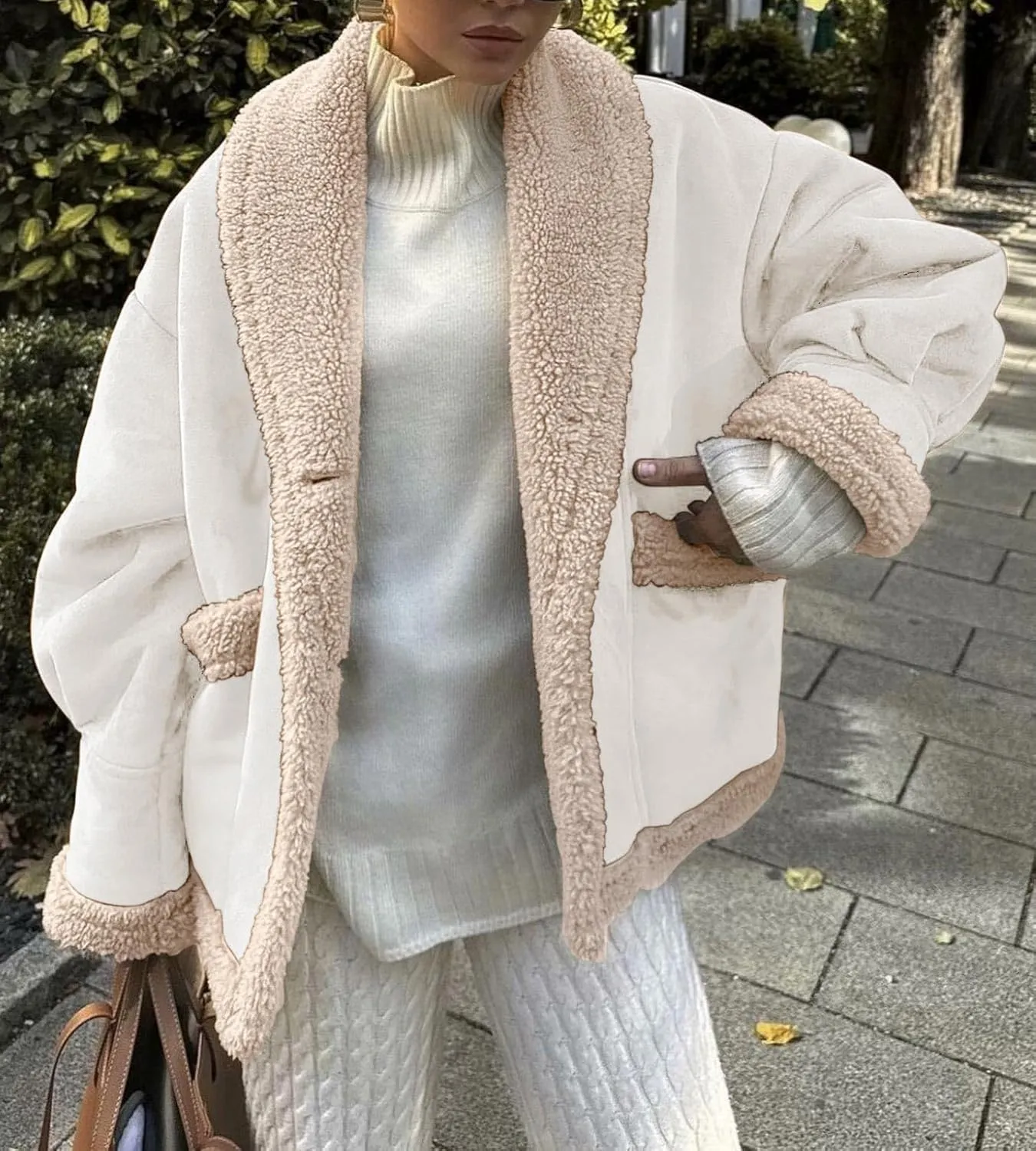 yoeasy Women Winter Sherpa Lined Faux Suede Leather Jacket Button Down Fuzzy Fleece Shearling Coat Overcoat