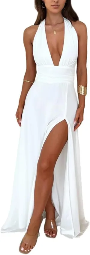 Yoolin Women Halter Deep V Neck Maxi Dress Sleeveless Backless High Side Slit Tie Back Summer Party Cocktail Dresses