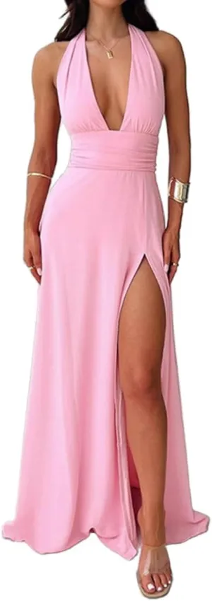 Yoolin Women Halter Deep V Neck Maxi Dress Sleeveless Backless High Side Slit Tie Back Summer Party Cocktail Dresses