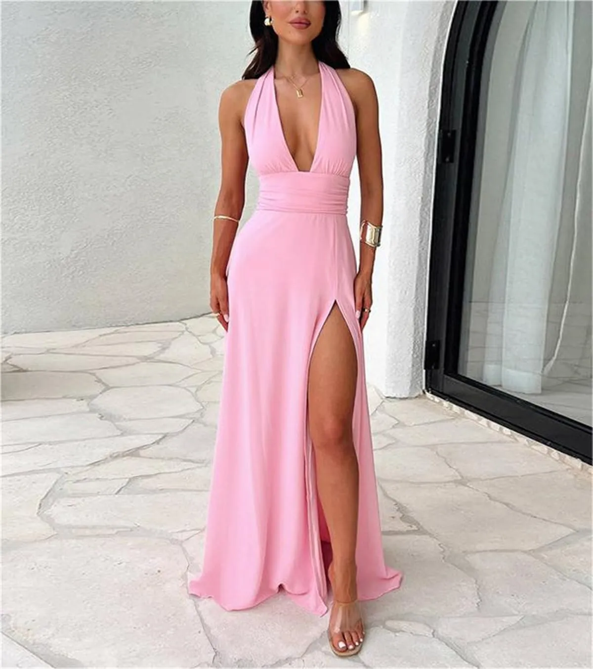 Yoolin Women Halter Deep V Neck Maxi Dress Sleeveless Backless High Side Slit Tie Back Summer Party Cocktail Dresses