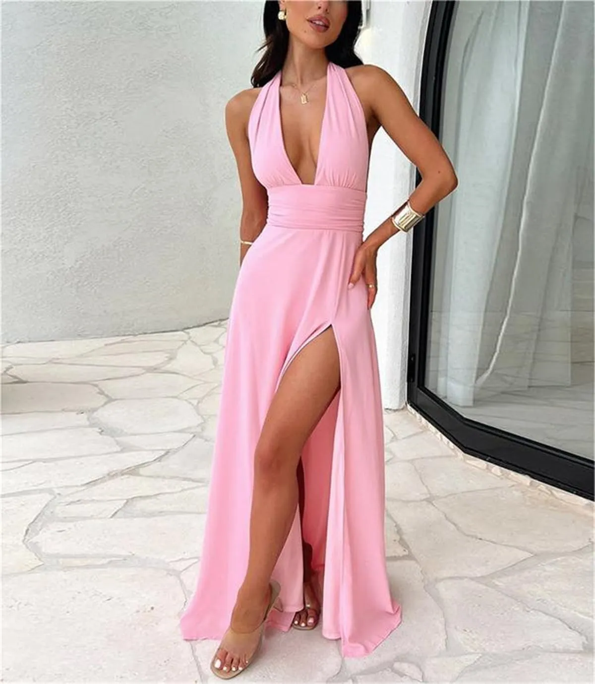 Yoolin Women Halter Deep V Neck Maxi Dress Sleeveless Backless High Side Slit Tie Back Summer Party Cocktail Dresses