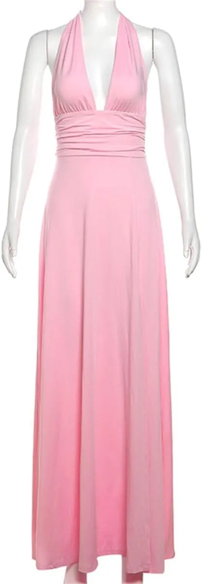 Yoolin Women Halter Deep V Neck Maxi Dress Sleeveless Backless High Side Slit Tie Back Summer Party Cocktail Dresses