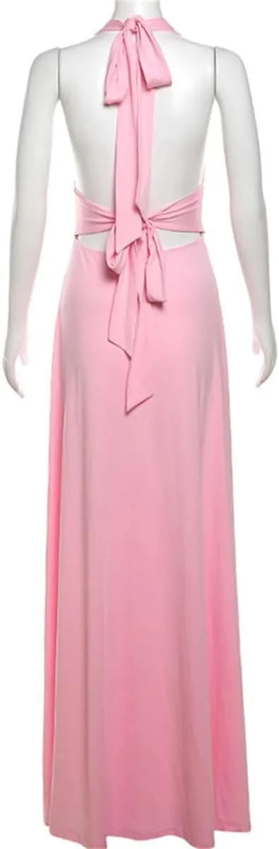 Yoolin Women Halter Deep V Neck Maxi Dress Sleeveless Backless High Side Slit Tie Back Summer Party Cocktail Dresses