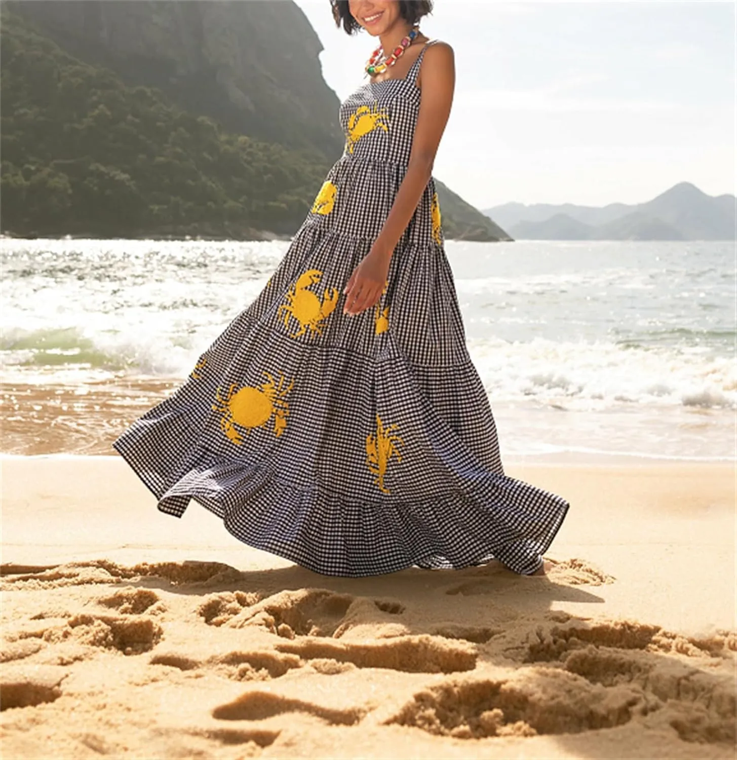 Yuemengxuan Women Cute Embroidered Maxi Dress Beach Dress Summer Boho Ruffle Long Dress Spaghetti Strap Flowy Maxi Dress