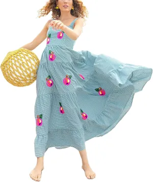 Yuemengxuan Women Cute Embroidered Maxi Dress Beach Dress Summer Boho Ruffle Long Dress Spaghetti Strap Flowy Maxi Dress