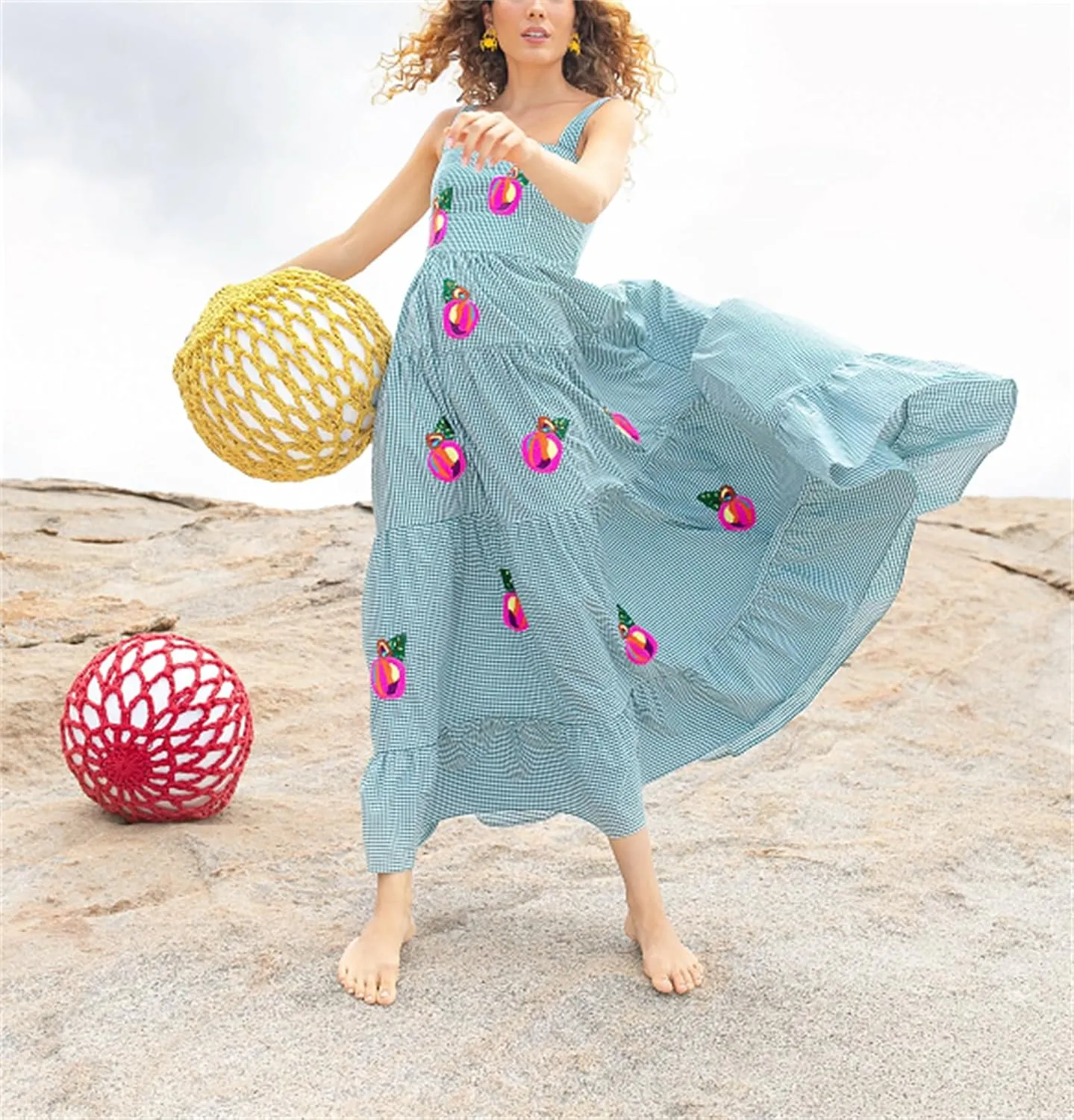 Yuemengxuan Women Cute Embroidered Maxi Dress Beach Dress Summer Boho Ruffle Long Dress Spaghetti Strap Flowy Maxi Dress