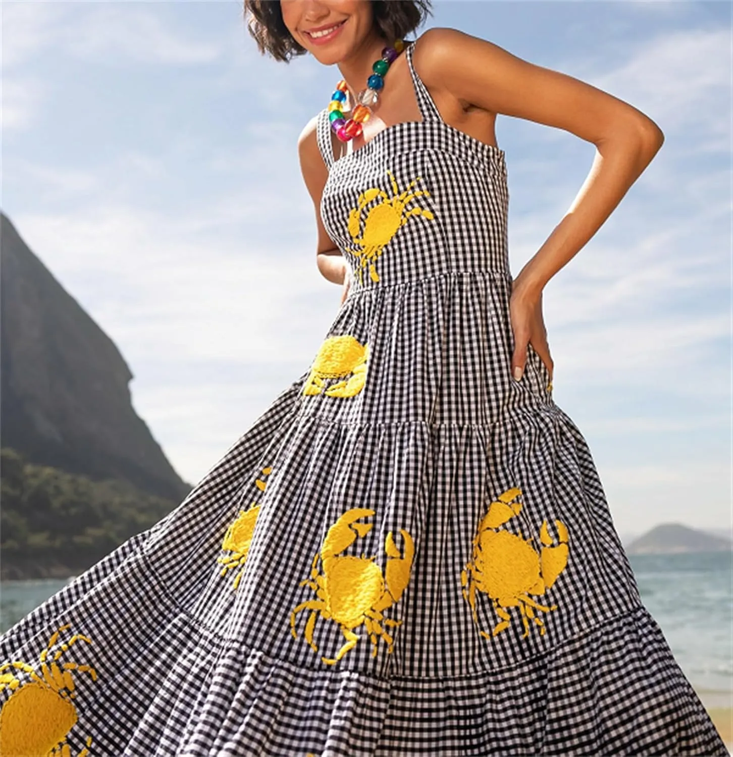 Yuemengxuan Women Cute Embroidered Maxi Dress Beach Dress Summer Boho Ruffle Long Dress Spaghetti Strap Flowy Maxi Dress