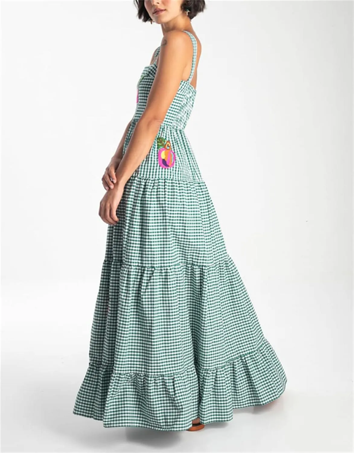 Yuemengxuan Women Cute Embroidered Maxi Dress Beach Dress Summer Boho Ruffle Long Dress Spaghetti Strap Flowy Maxi Dress