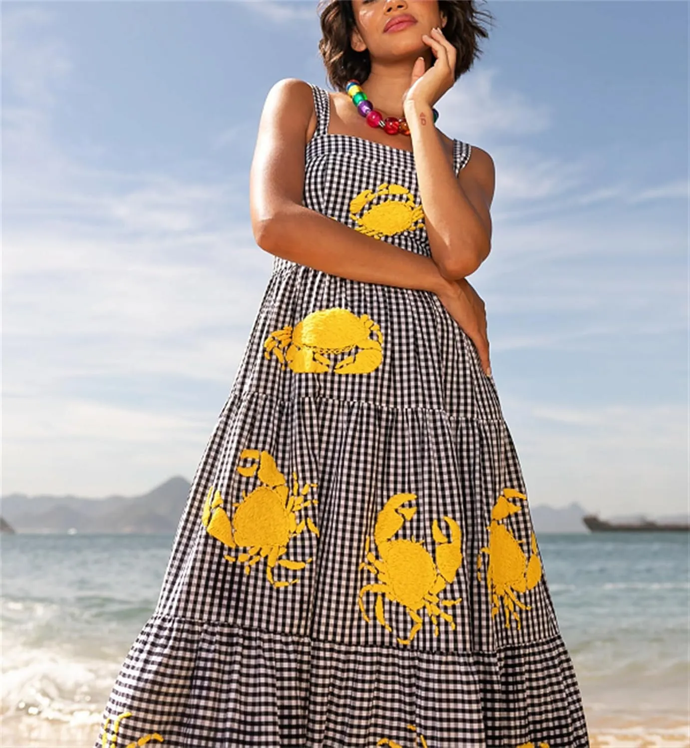Yuemengxuan Women Cute Embroidered Maxi Dress Beach Dress Summer Boho Ruffle Long Dress Spaghetti Strap Flowy Maxi Dress