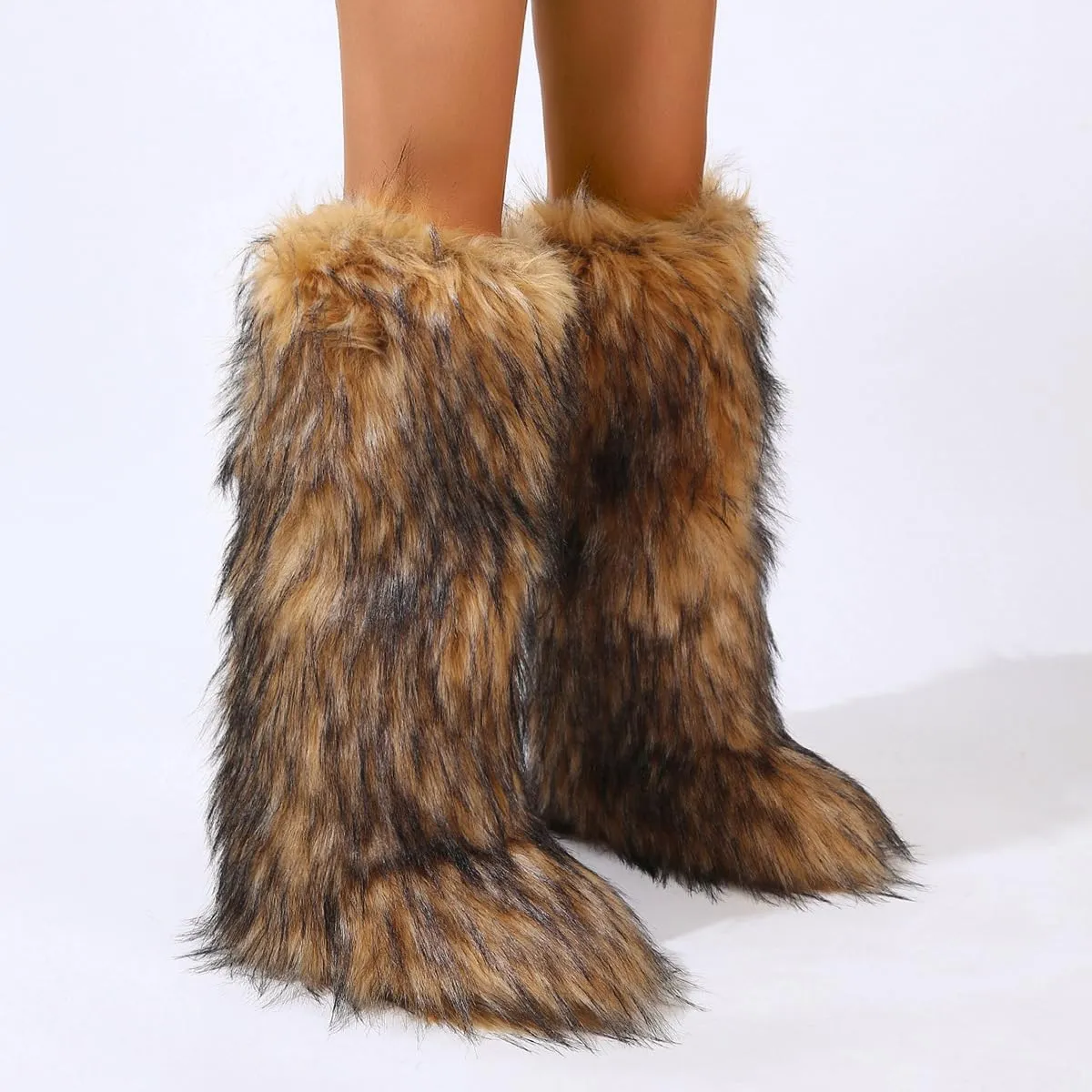 YXCFEWD Faux Fur Boots for Women Winter Knee High Furry Boots Fuzzy Fluffy for Girls Flat Snow Long Boots