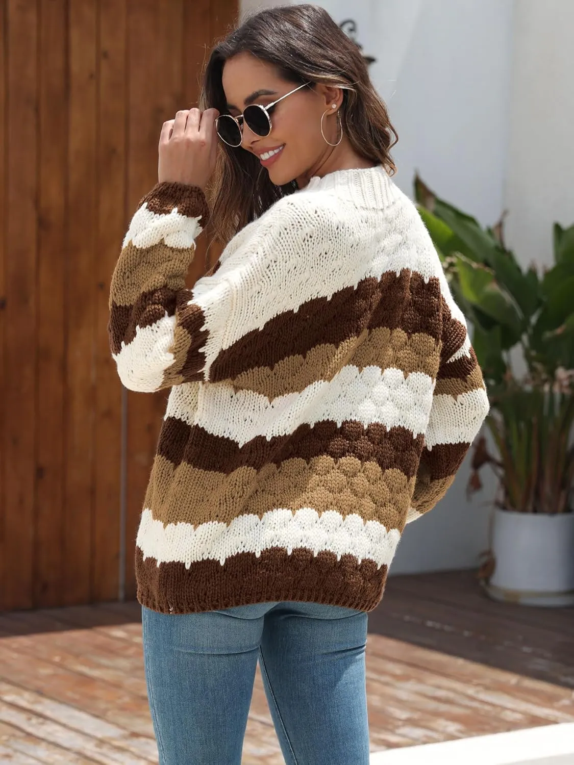 ZAFUL Womens Cute Sweaters Trendy 2024 Color Block Pullover Sweater Cable Knit Jumper Tops