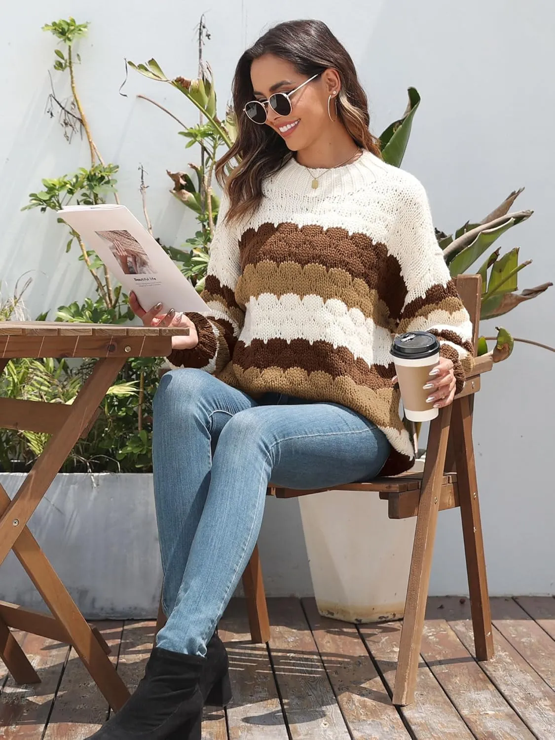 ZAFUL Womens Cute Sweaters Trendy 2024 Color Block Pullover Sweater Cable Knit Jumper Tops