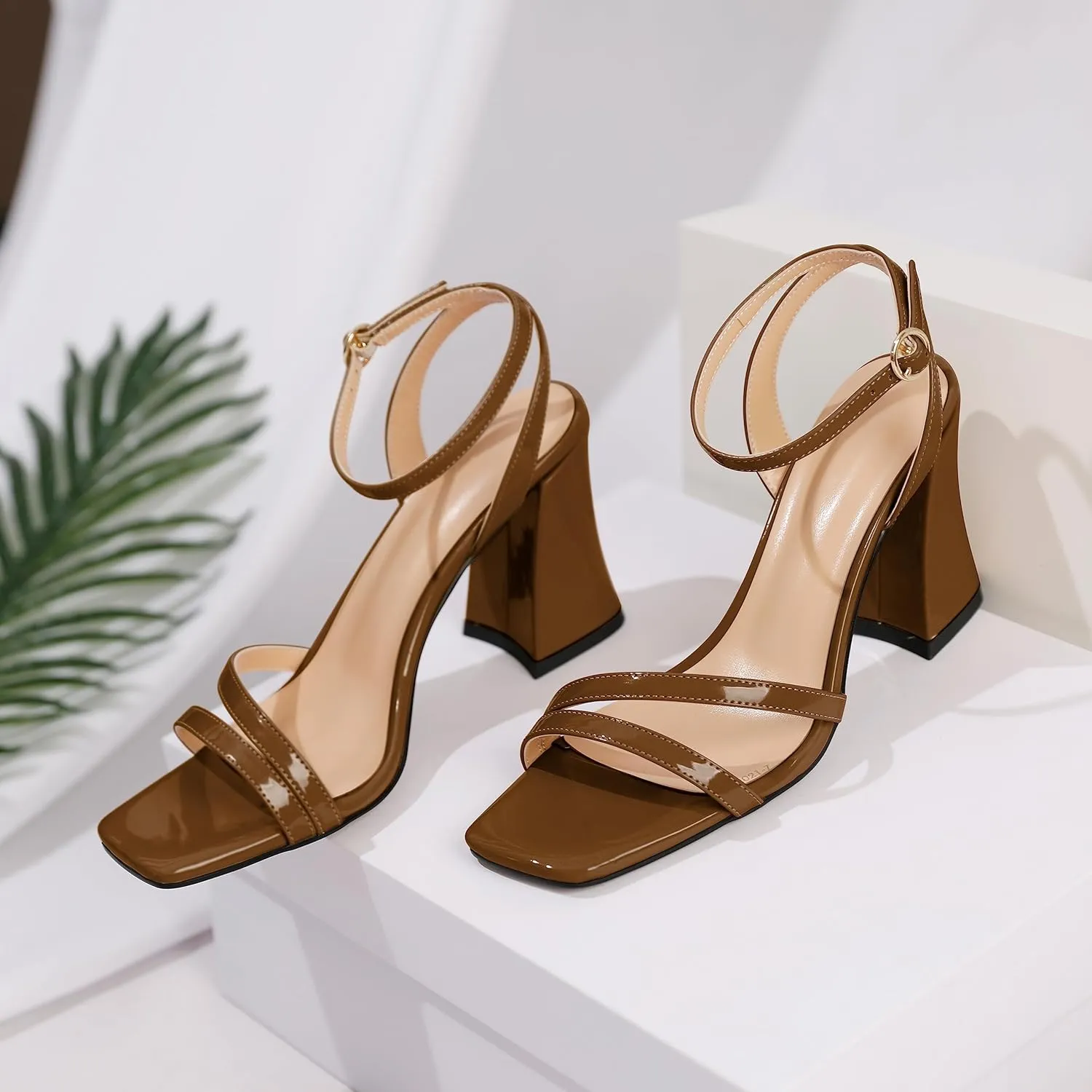 Zamikoo Women's Heeled Sandals, Open Toe Strappy Chunky High Heels, Ankle Strap Square Toe Heels, High Heel Sandals for Wedding Party Dress Work 3.5 Inches