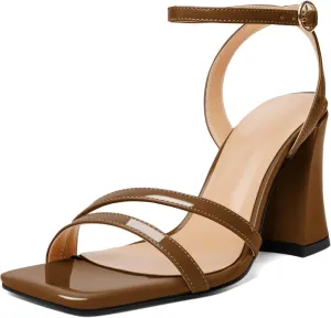Zamikoo Women's Heeled Sandals, Open Toe Strappy Chunky High Heels, Ankle Strap Square Toe Heels, High Heel Sandals for Wedding Party Dress Work 3.5 Inches