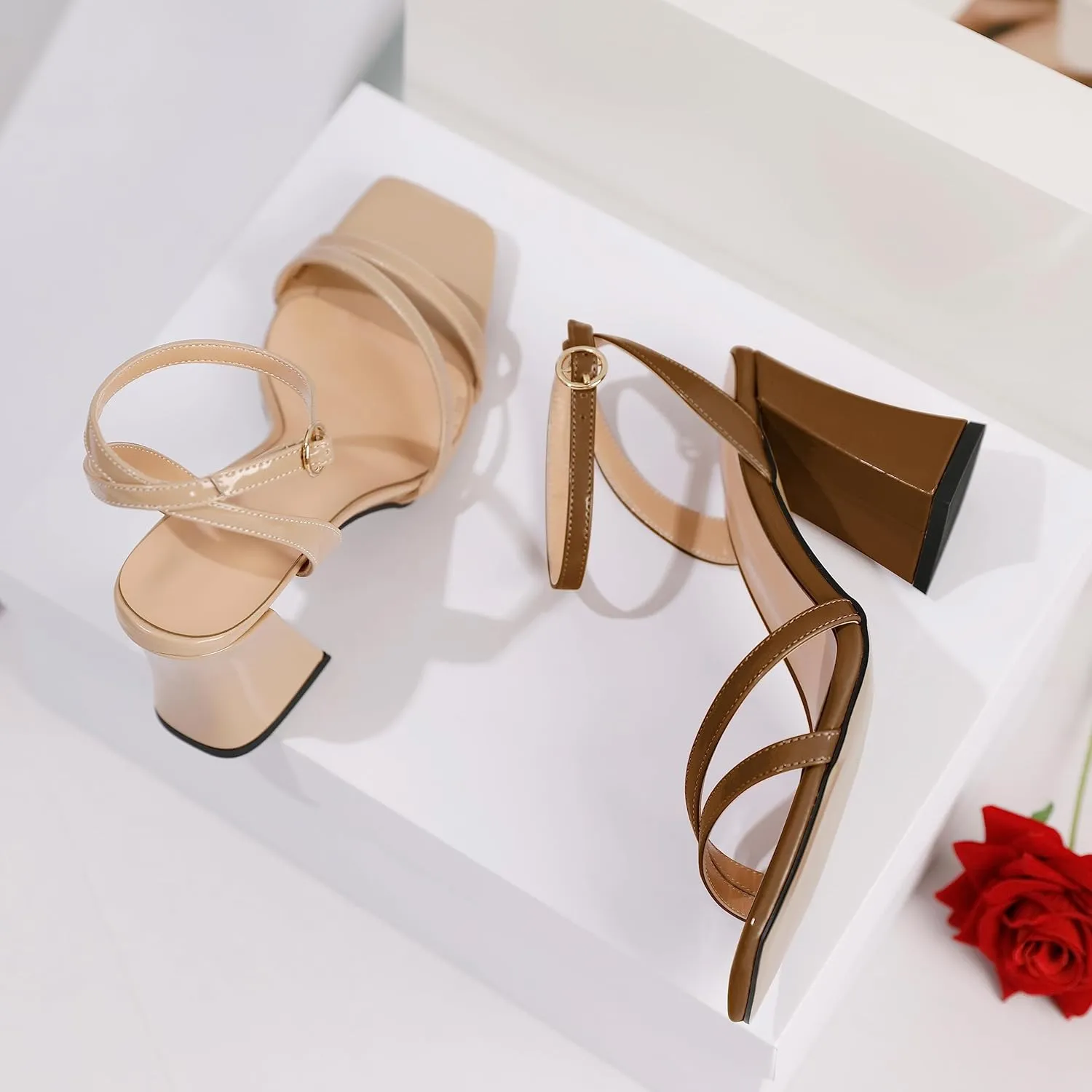 Zamikoo Women's Heeled Sandals, Open Toe Strappy Chunky High Heels, Ankle Strap Square Toe Heels, High Heel Sandals for Wedding Party Dress Work 3.5 Inches