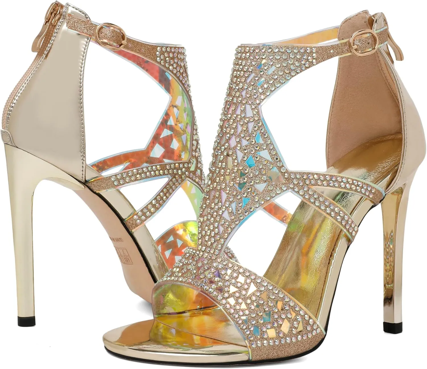 Zamikoo Women's Heeled Sandals, Open Toe Woman Sandals Rhinestone Heels Heels, Cutout Gladiator Heels, Sparkly Stiletto High Heel Pumps Shoes for Dress Party Evening 4 Inches