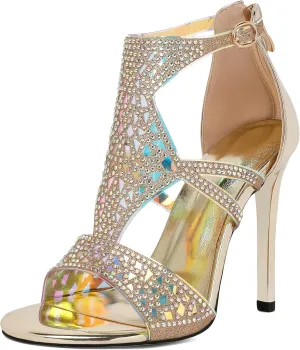 Zamikoo Women's Heeled Sandals, Open Toe Woman Sandals Rhinestone Heels Heels, Cutout Gladiator Heels, Sparkly Stiletto High Heel Pumps Shoes for Dress Party Evening 4 Inches