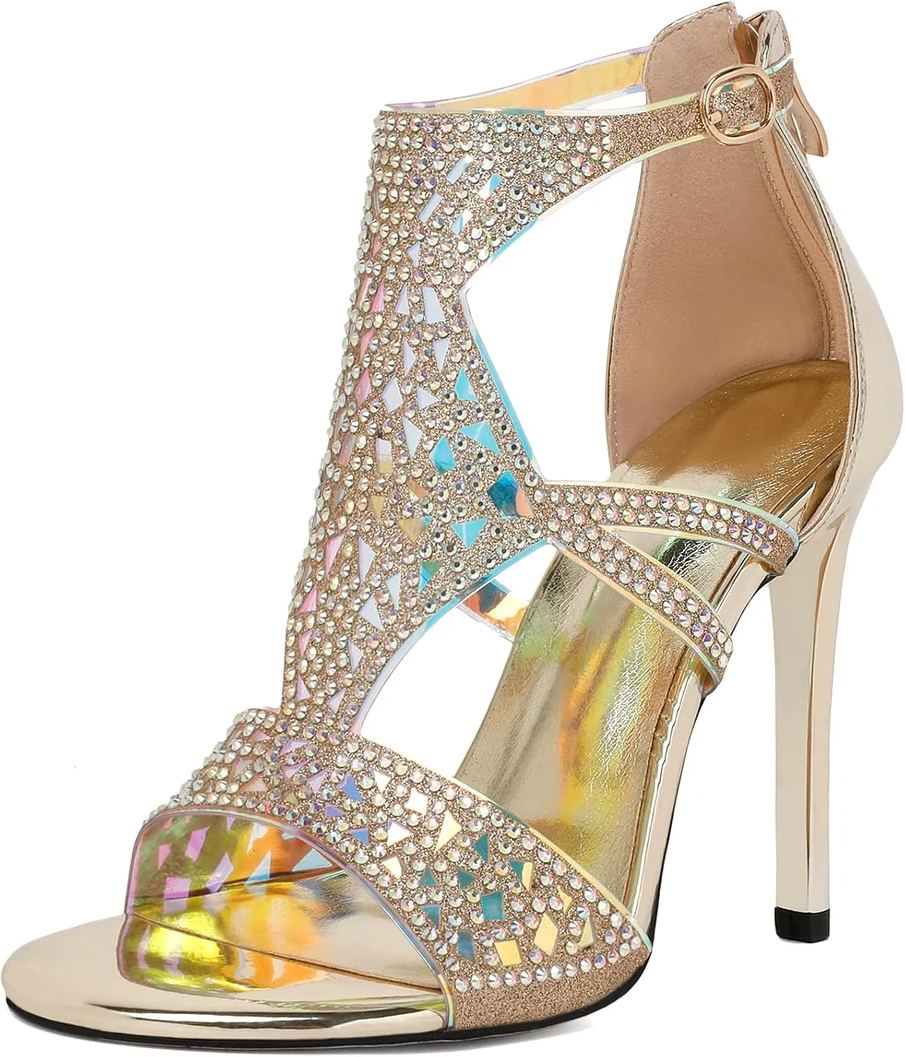 Zamikoo Women's Heeled Sandals, Open Toe Woman Sandals Rhinestone Heels Heels, Cutout Gladiator Heels, Sparkly Stiletto High Heel Pumps Shoes for Dress Party Evening 4 Inches