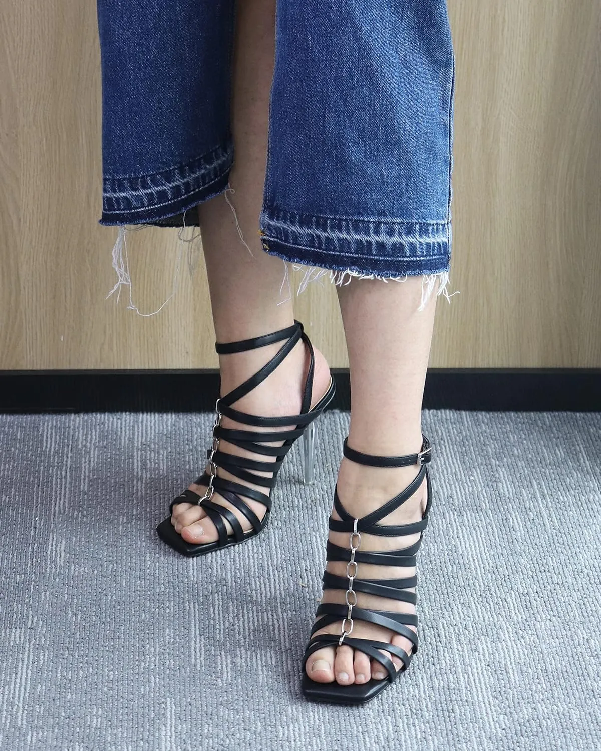 Zamikoo Women's High Heel Sandals, Ankle Strap Open Toe Heels, Square Toe Clear Stiletto Heeled Sandals 4 Inch