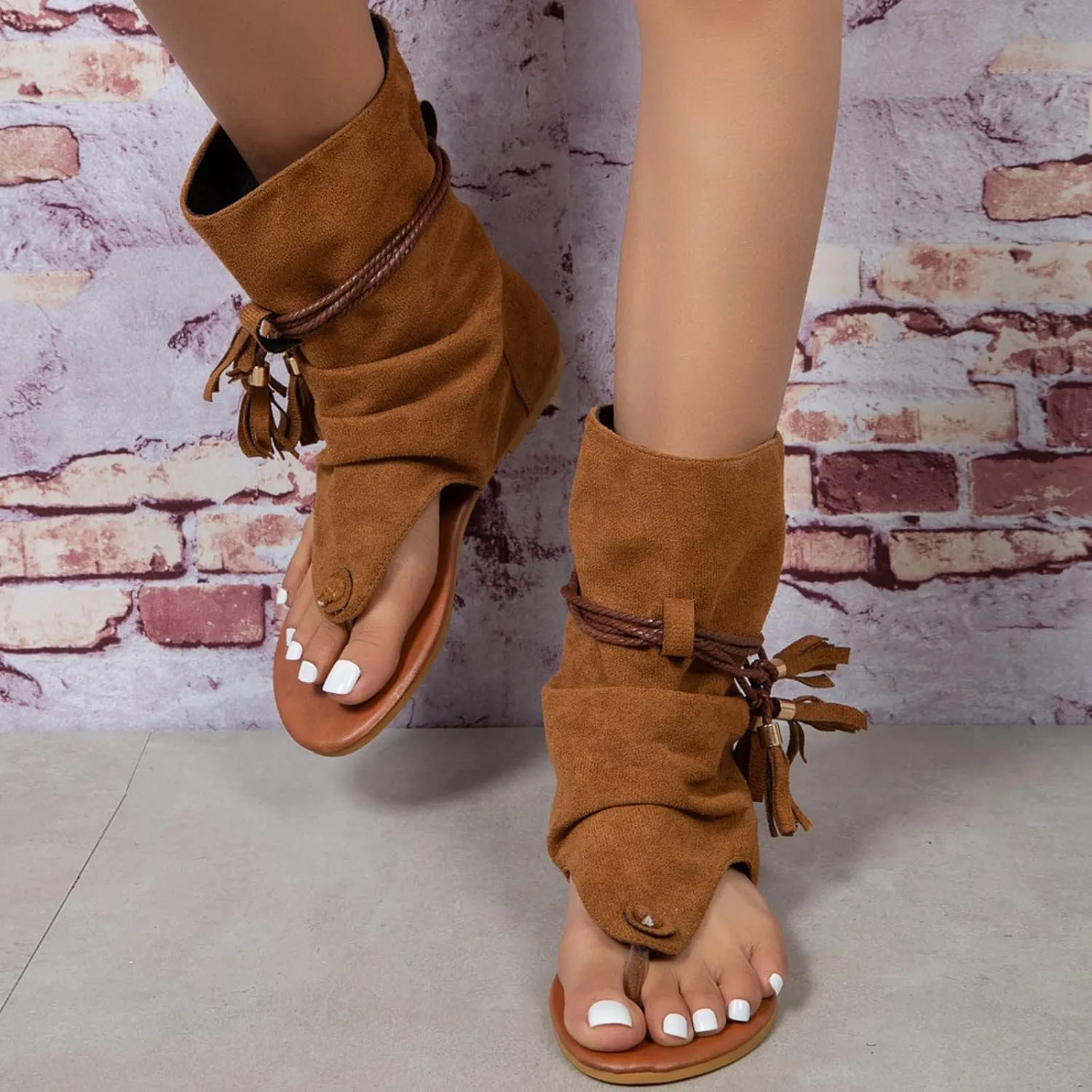 ZBYY Tassel Sandals for Women,Summer Gladiator Fringe Casual Flat Beach Shoes T-Strap Open-Toe Suede Flip Flop Sandals