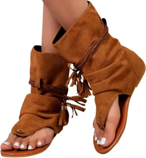 ZBYY Tassel Sandals for Women,Summer Gladiator Fringe Casual Flat Beach Shoes T-Strap Open-Toe Suede Flip Flop Sandals