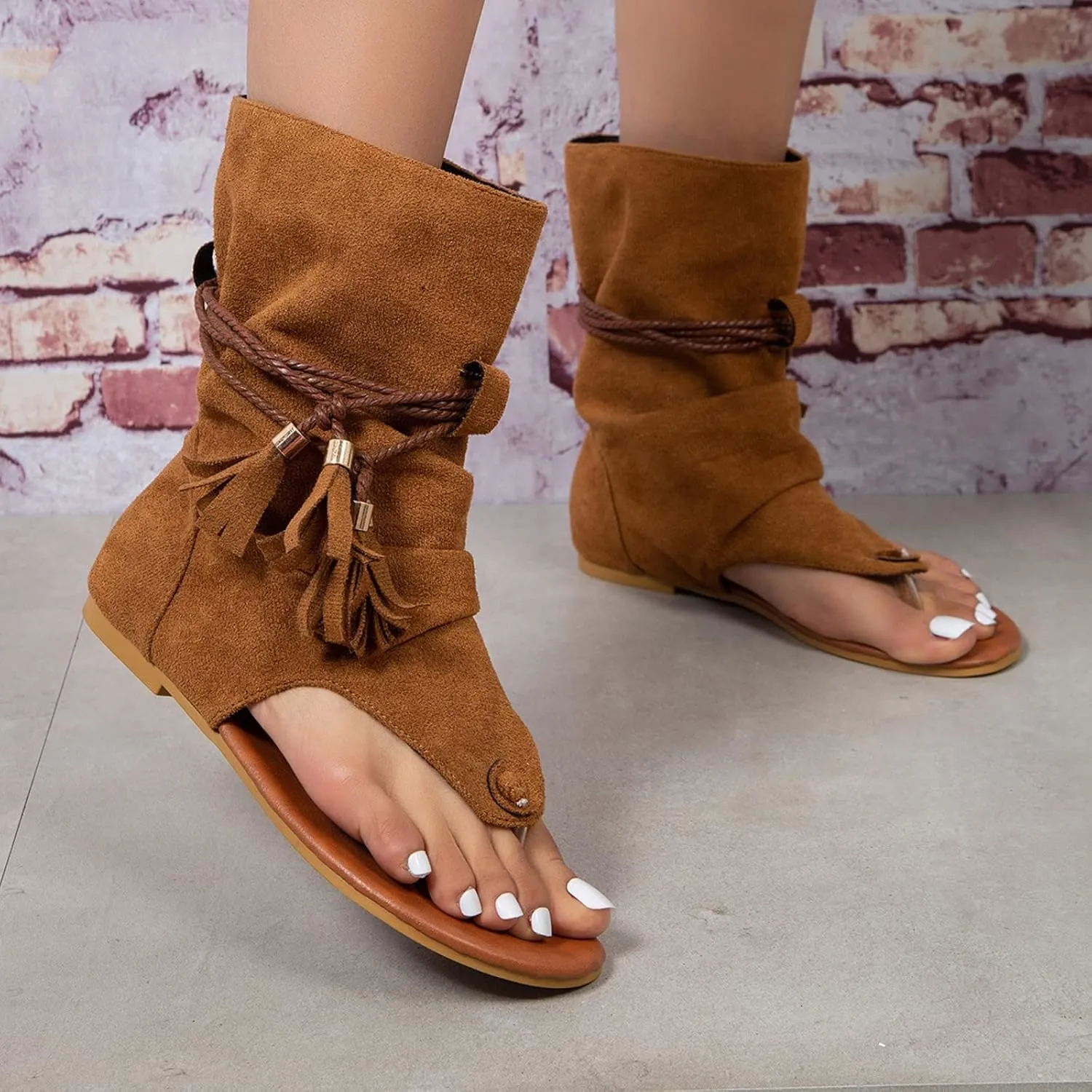 ZBYY Tassel Sandals for Women,Summer Gladiator Fringe Casual Flat Beach Shoes T-Strap Open-Toe Suede Flip Flop Sandals