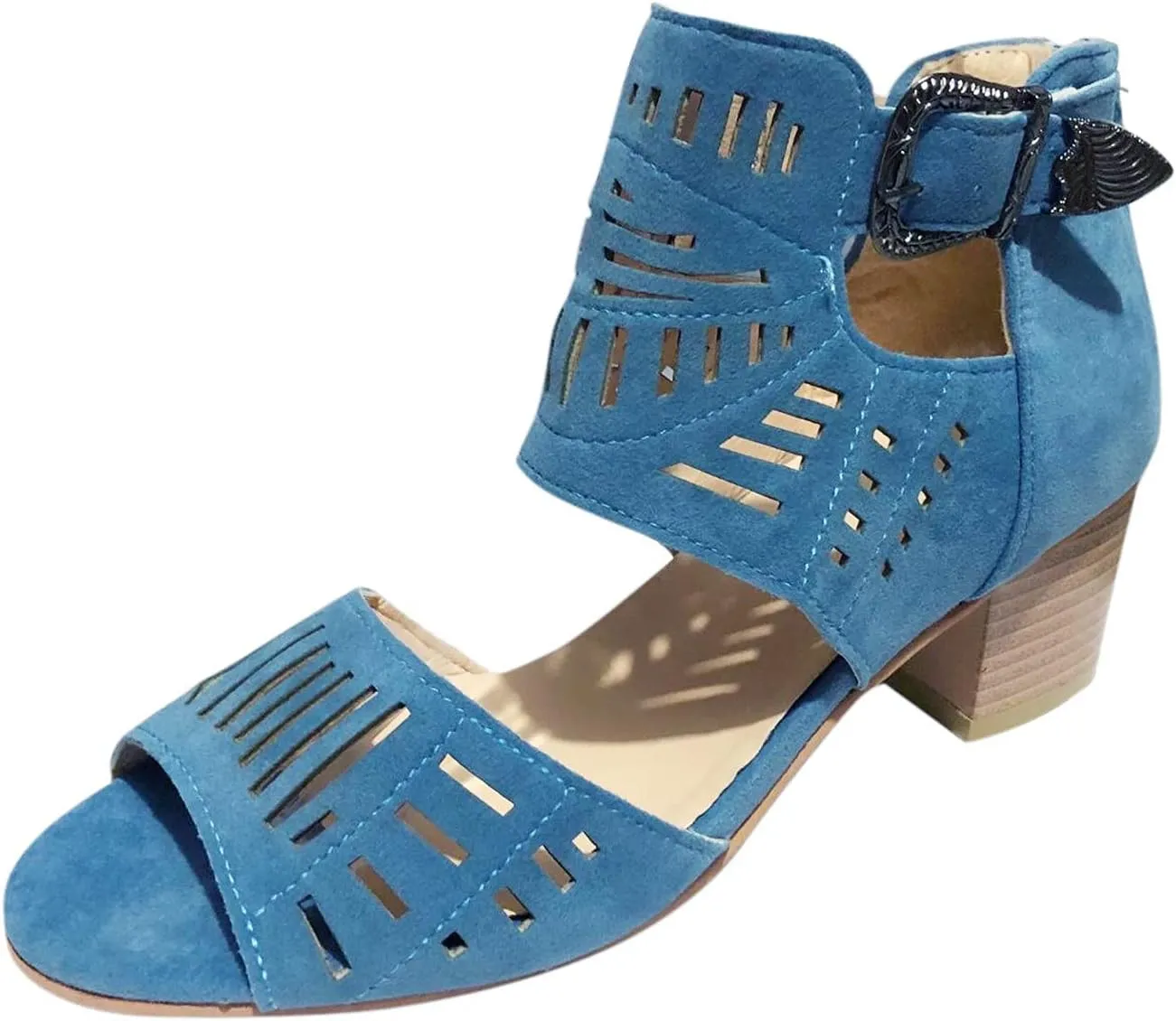 ZBYY Women's Peep Toe Sandals Summer Double Buckle Cutout Side Strap Sandals Chunky Block Low Heel Ankle Strap Sandals