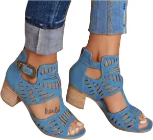 ZBYY Women's Peep Toe Sandals Summer Double Buckle Cutout Side Strap Sandals Chunky Block Low Heel Ankle Strap Sandals