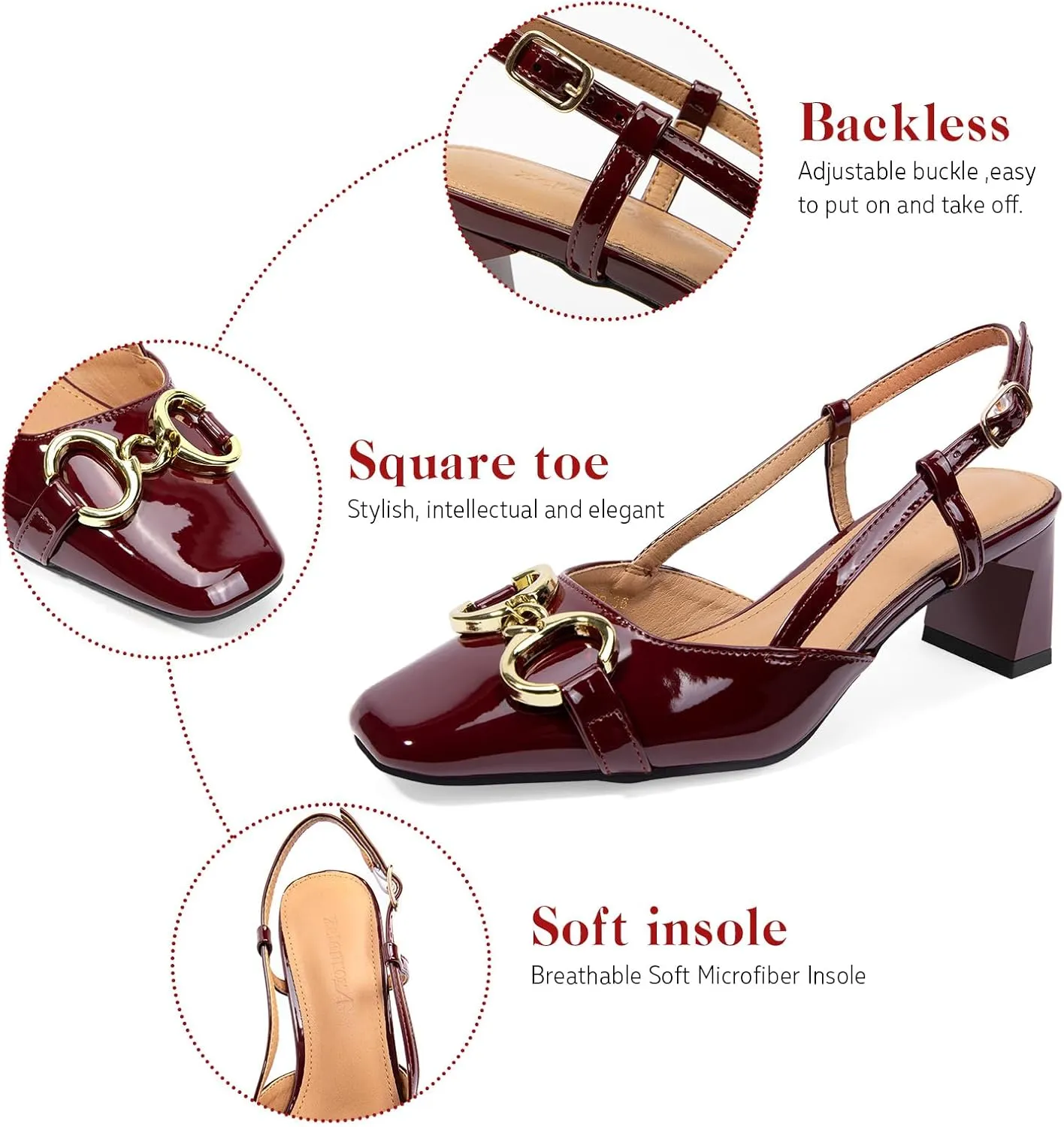 Zelaprox Women's Slingback Square Toe Pumps Shoes Low Chunky Heel Slip On with Adjustable Strap Sandals Dress Work Shoes