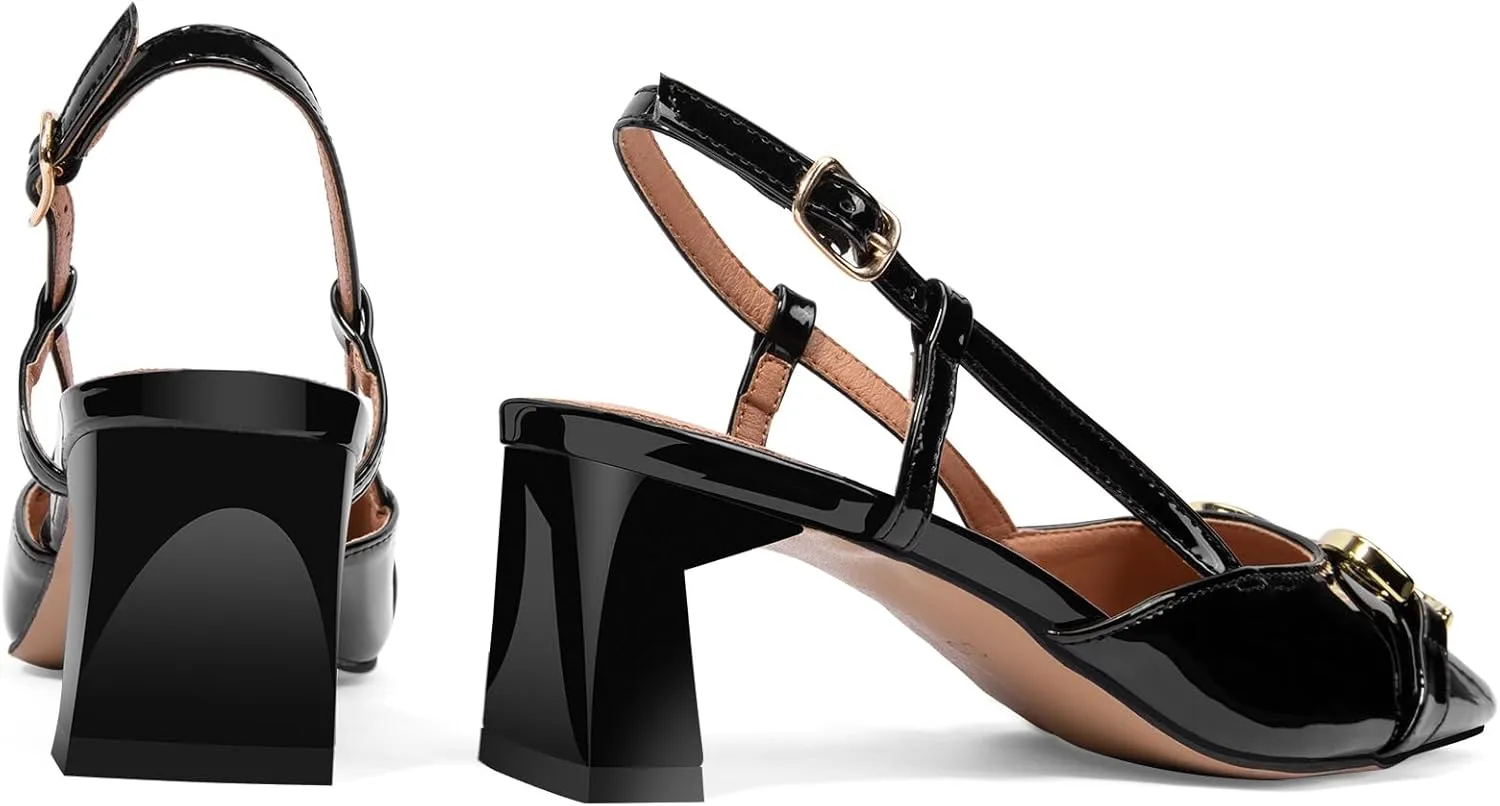 Zelaprox Women's Slingback Square Toe Pumps Shoes Low Chunky Heel Slip On with Adjustable Strap Sandals Dress Work Shoes