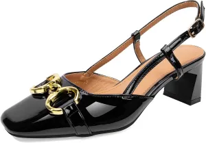 Zelaprox Women's Slingback Square Toe Pumps Shoes Low Chunky Heel Slip On with Adjustable Strap Sandals Dress Work Shoes