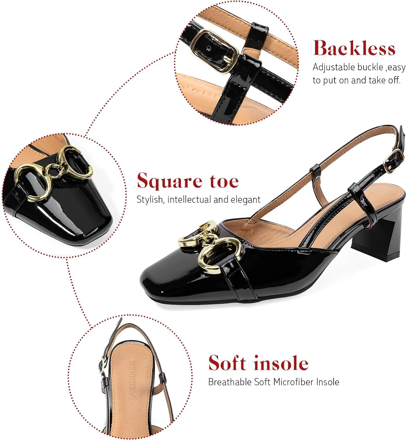 Zelaprox Women's Slingback Square Toe Pumps Shoes Low Chunky Heel Slip On with Adjustable Strap Sandals Dress Work Shoes