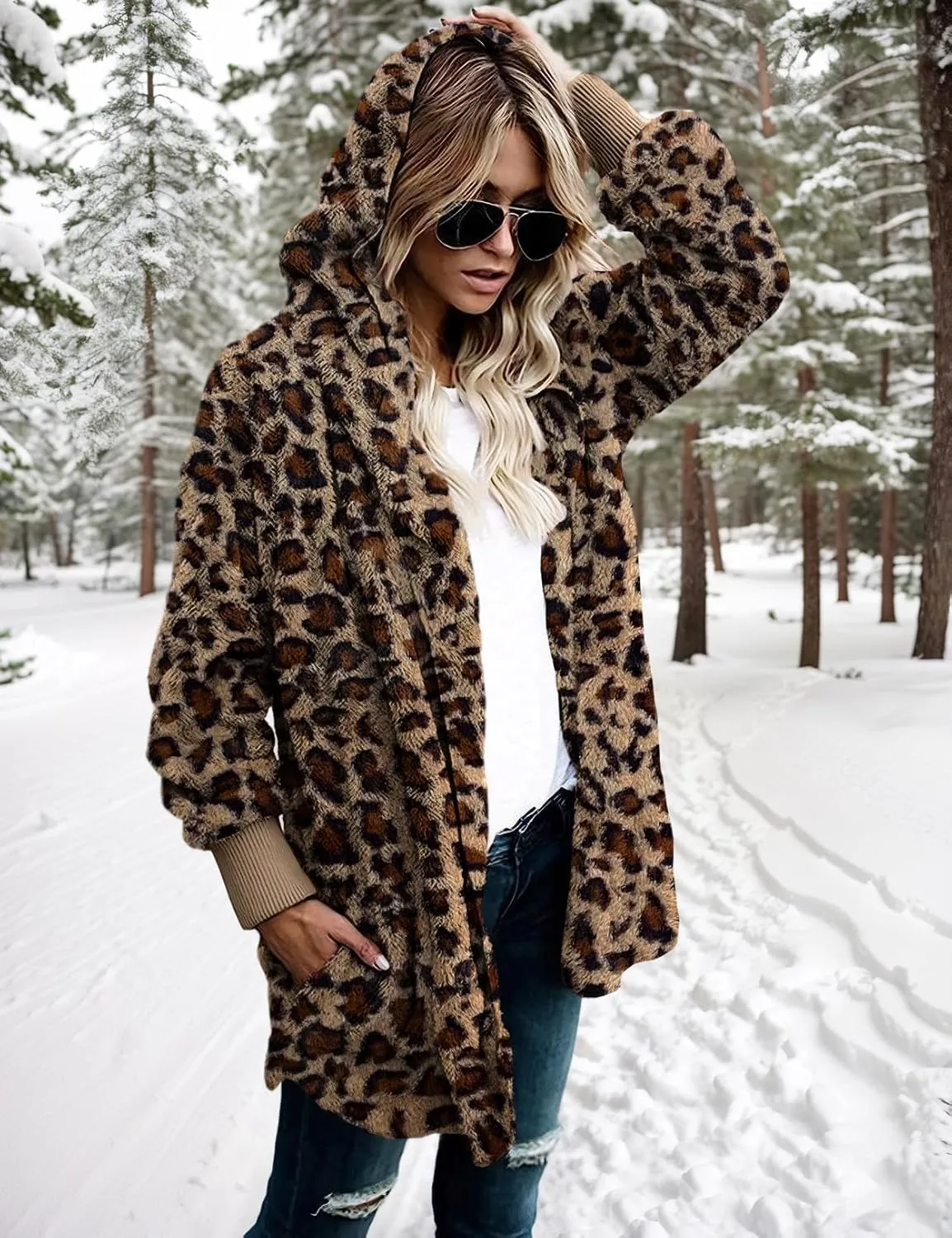 Zilcremo Women Hooded Cardigan Fuzzy Jacket Winter Open Front Fleece Coat Outwear with Pockets